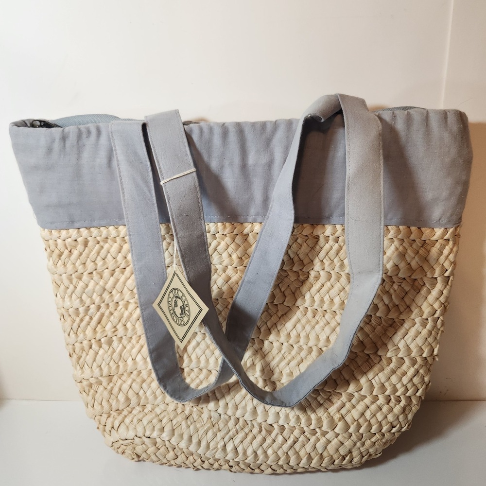 The Earth Collection Woven Raffia Straw Tote Bag Grey Cotton Trim NWT
